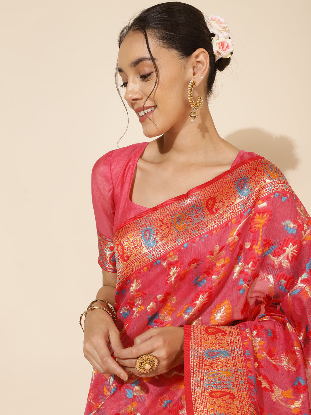 Janasya Pink Chanderi Silk Pashmina Woven Design Saree