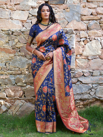 Janasya Navy Blue Silk Blend Woven Jaal Motif Woven Design Saree