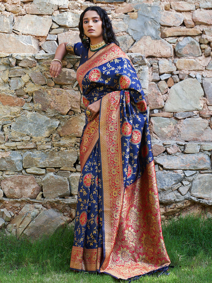 Janasya Navy Blue Silk Blend Woven Jaal Motif Woven Design Saree