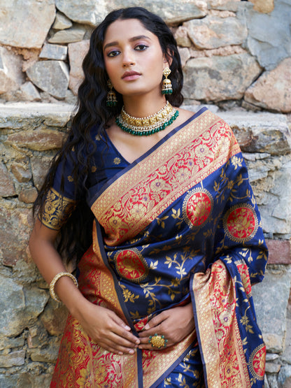 Janasya Navy Blue Silk Blend Woven Jaal Motif Woven Design Saree