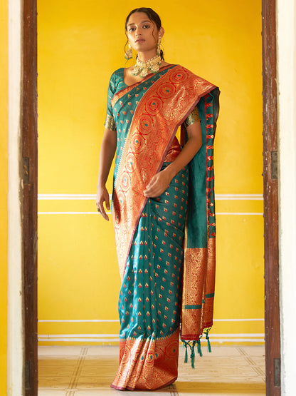 Janasya Green Silk Blend Woven Ethnic Motifs Woven Design Saree