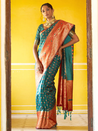 Janasya Green Silk Blend Woven Ethnic Motifs Woven Design Saree