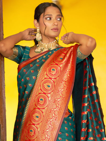Janasya Green Silk Blend Woven Ethnic Motifs Woven Design Saree