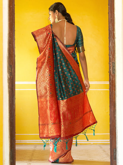 Janasya Green Silk Blend Woven Ethnic Motifs Woven Design Saree