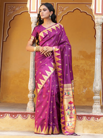 Janasya Wine Paithani Silk Ethnic Motifs Paithani Silk Saree
