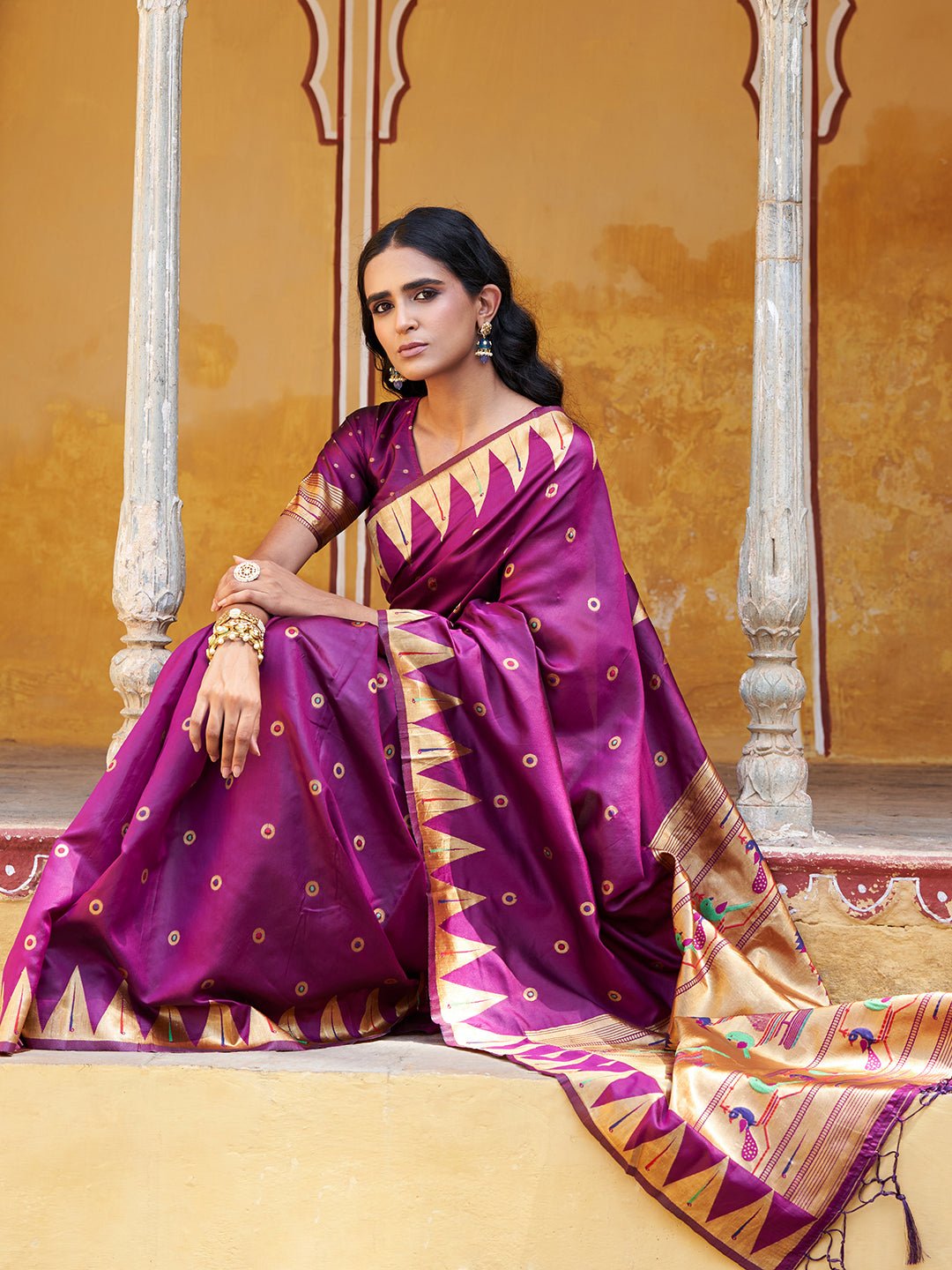 Janasya Wine Paithani Silk Ethnic Motifs Paithani Silk Saree