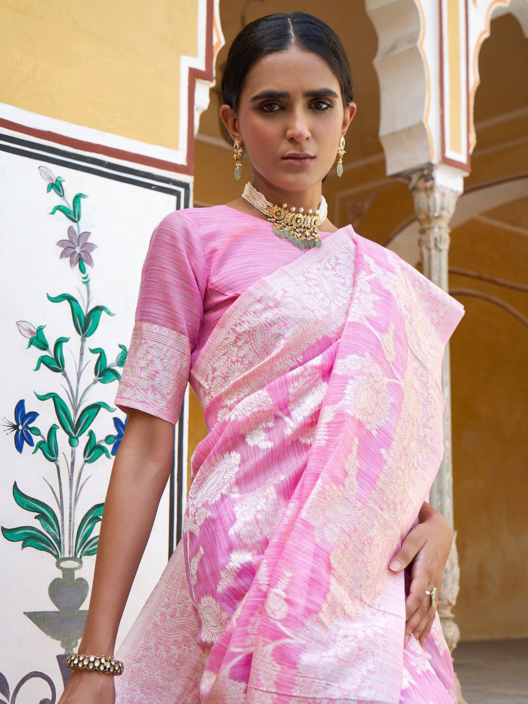 Janasya Pink Linen Cotton Woven Ethnic Motifs Woven Design Saree