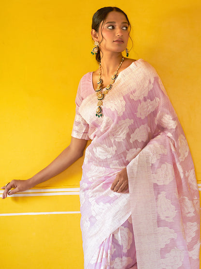 Janasya Lavender Linen Cotton Woven Paisley Woven Design Saree