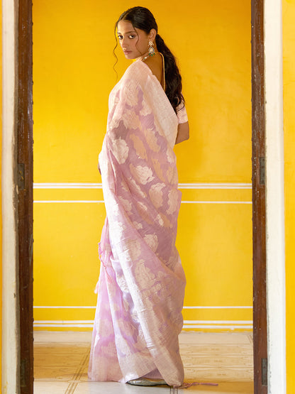 Janasya Lavender Linen Cotton Woven Paisley Woven Design Saree