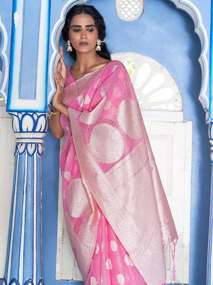 Janasya Pink Linen Cotton Woven Floral Design Woven Design Saree