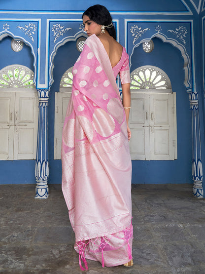 Janasya Pink Linen Cotton Woven Floral Design Woven Design Saree