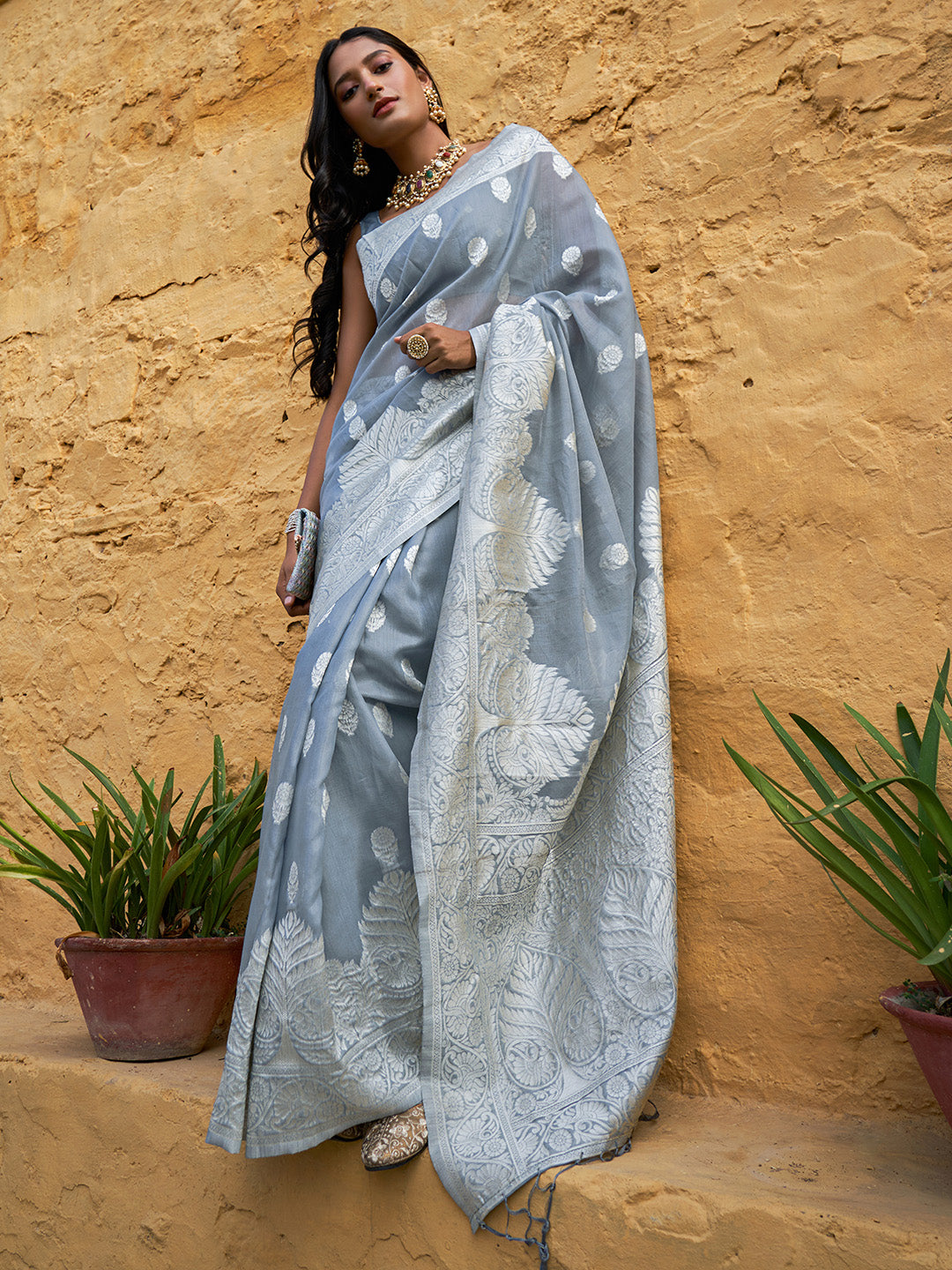 Janasya Grey Linen Cotton Woven Floral Design Woven Design Saree