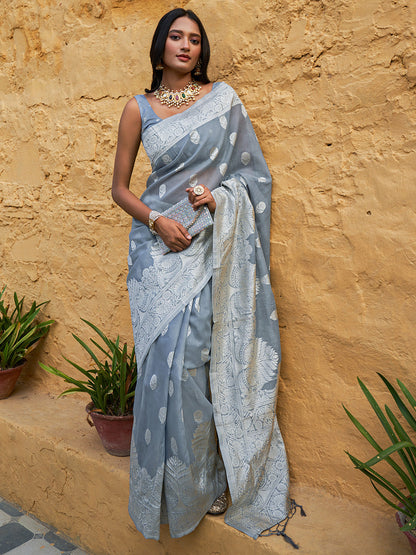 Janasya Grey Linen Cotton Woven Floral Design Woven Design Saree
