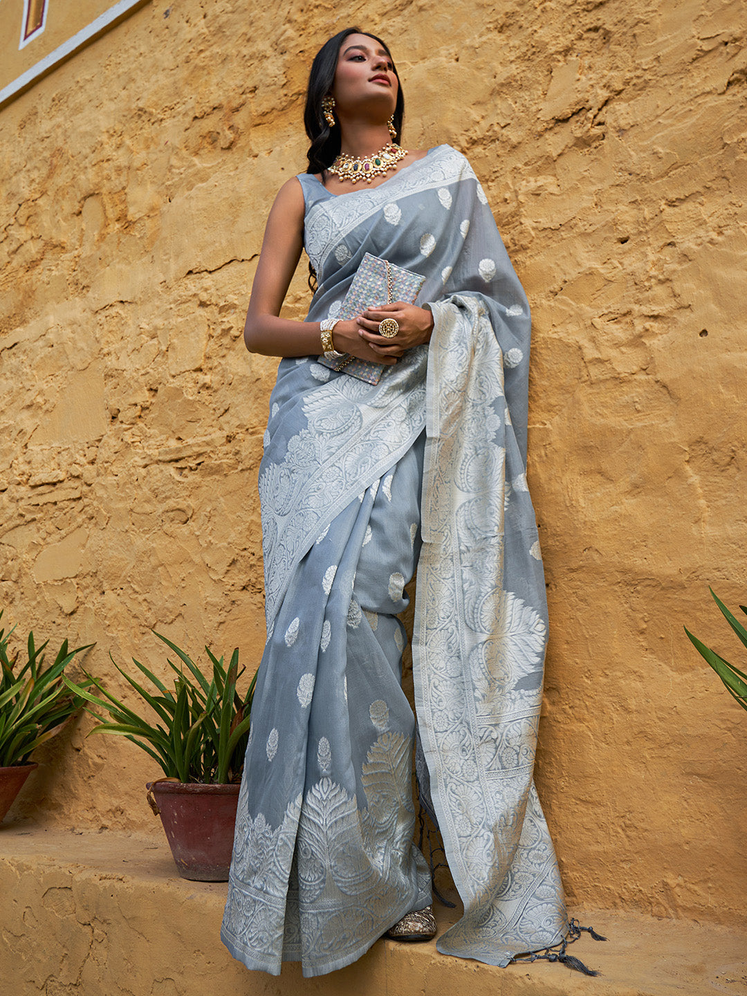 Janasya Grey Linen Cotton Woven Floral Design Woven Design Saree