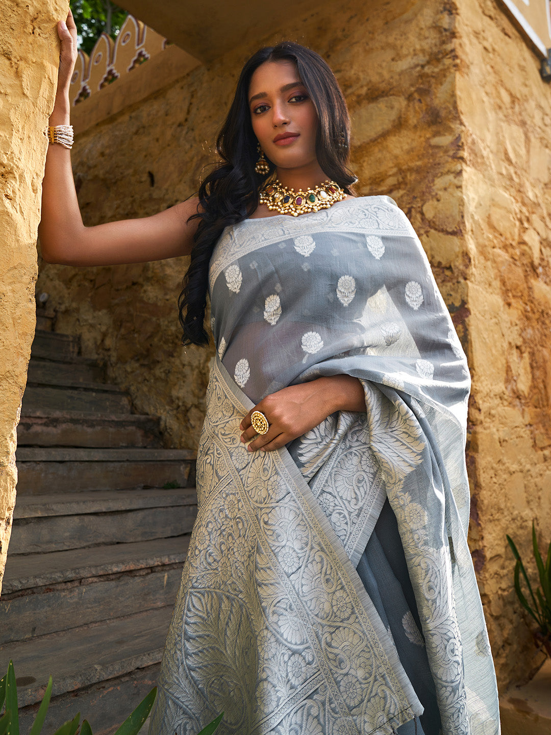 Janasya Grey Linen Cotton Woven Floral Design Woven Design Saree