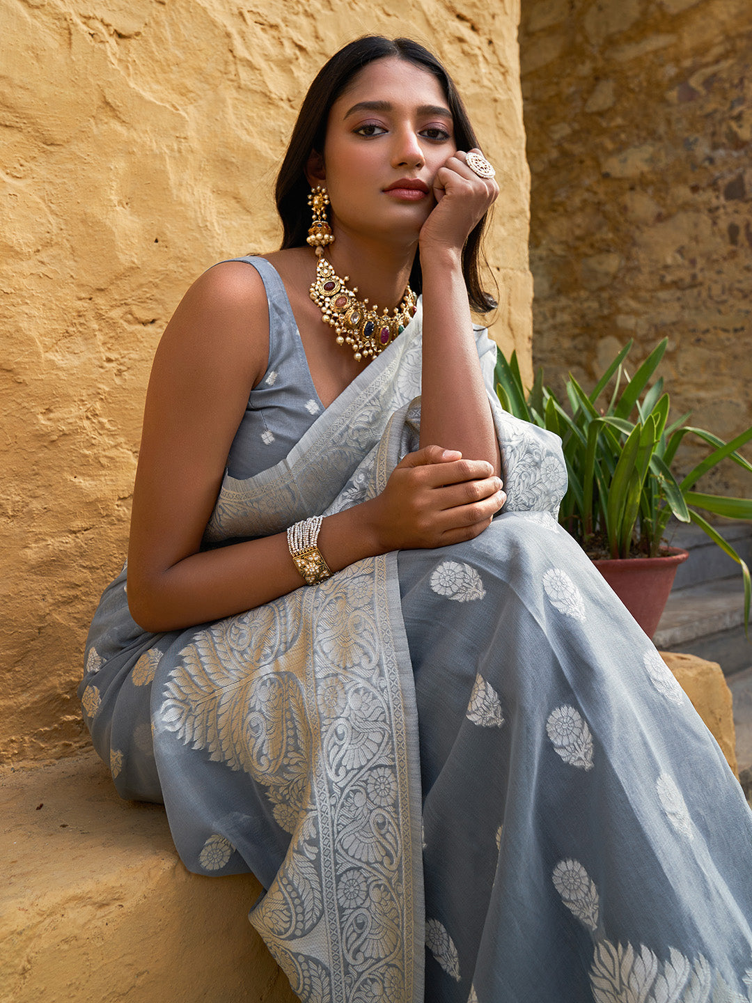 Janasya Grey Linen Cotton Woven Floral Design Woven Design Saree