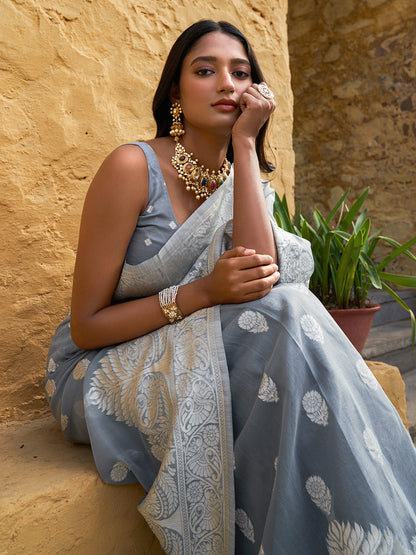 Janasya Grey Linen Cotton Woven Floral Design Woven Design Saree