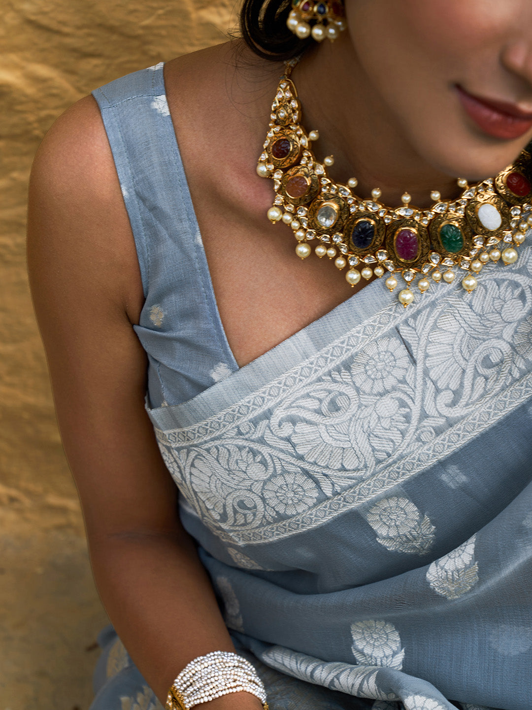 Janasya Grey Linen Cotton Woven Floral Design Woven Design Saree