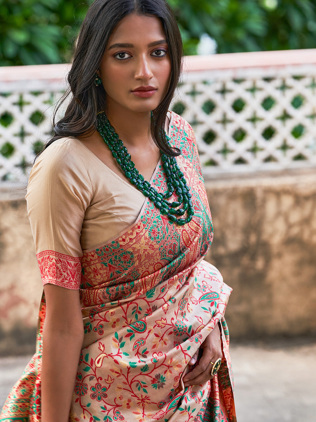 Janasya Beige Cotton Silk Pashmina Woven Design Saree