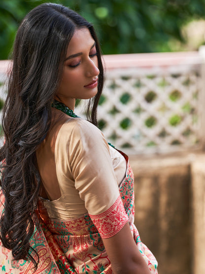 Janasya Beige Cotton Silk Pashmina Woven Design Saree