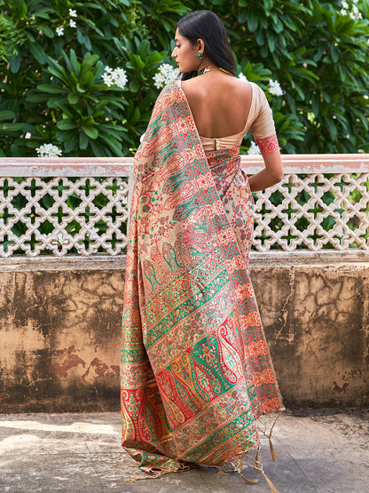 Janasya Beige Cotton Silk Pashmina Woven Design Saree