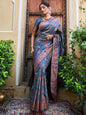 Janasya Grey Banarasi Silk Woven Dual Tone Floral Design Banarasi Silk Saree