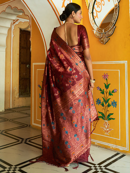 Janasya Maroon Banarasi Silk Woven Dual Tone Floral Design Banarasi Silk Saree