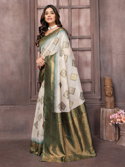 Janasya Beige & Green Cotton Linen Ethnic Print Kanjivaram Saree