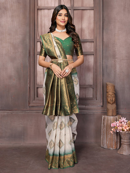 Janasya Beige & Green Cotton Linen Ethnic Print Kanjivaram Saree