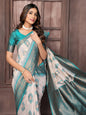 Janasya Beige & Teal Blue Cotton Linen Ethnic Motifs Kanjivaram Saree