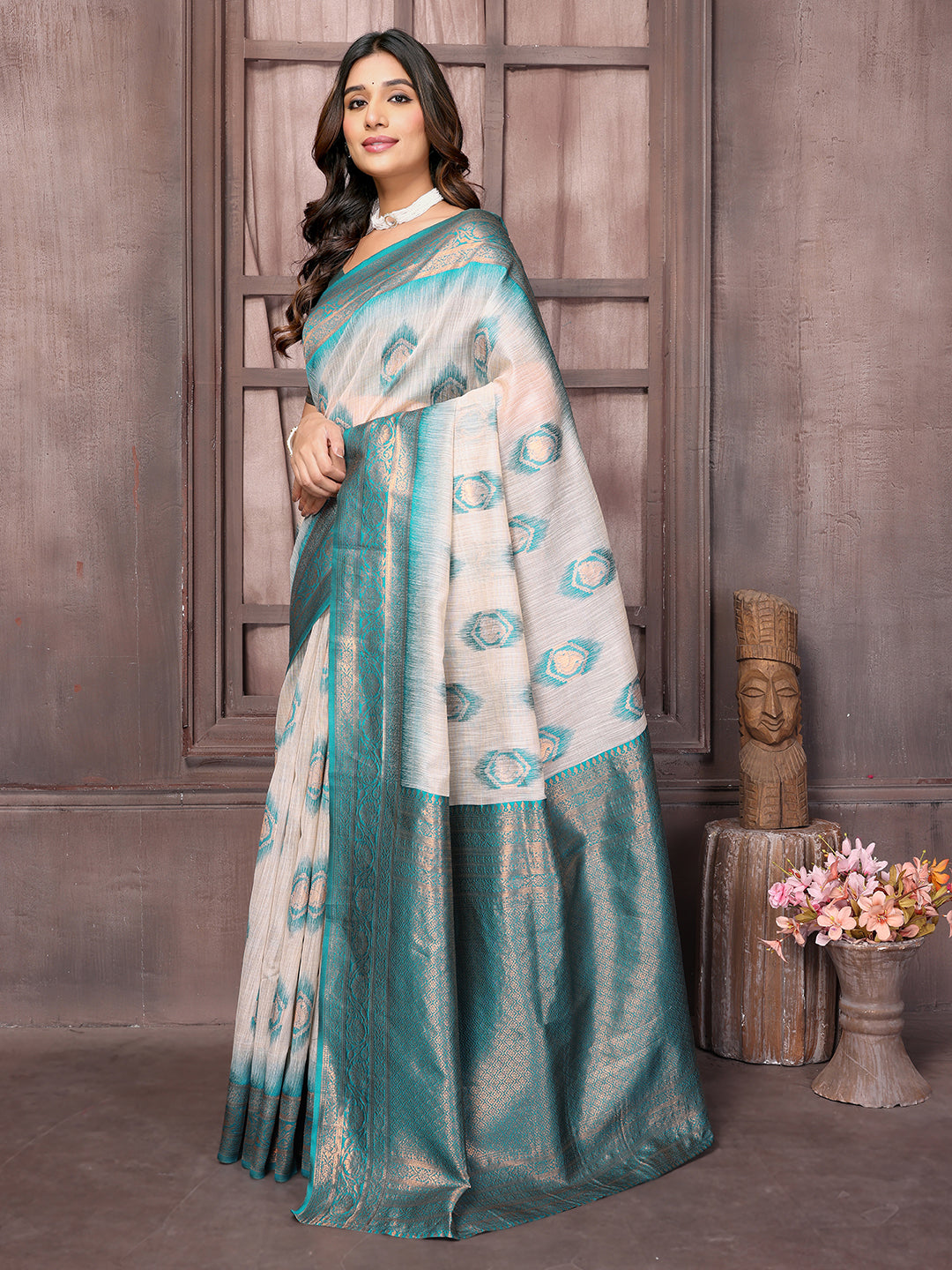 Janasya Beige & Teal Blue Cotton Linen Ethnic Motifs Kanjivaram Saree
