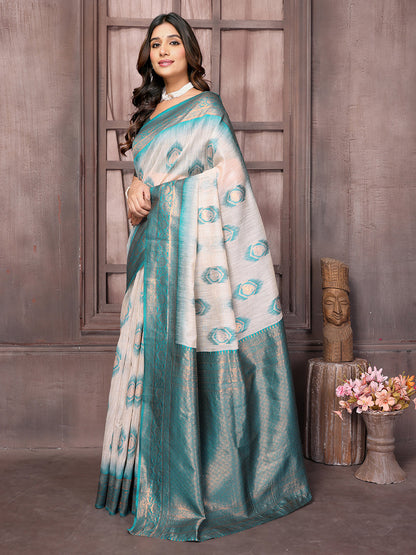 Janasya Beige & Teal Blue Cotton Linen Ethnic Motifs Kanjivaram Saree