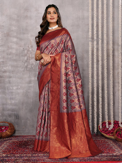Janasya Grey & Maroon Silk Blend Ethnic Motifs Kanjivaram Saree