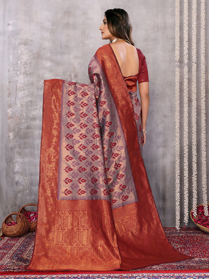 Janasya Grey & Maroon Silk Blend Ethnic Motifs Kanjivaram Saree