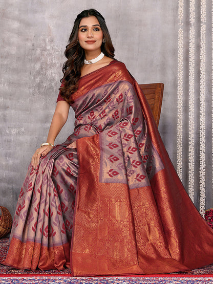 Janasya Grey & Maroon Silk Blend Ethnic Motifs Kanjivaram Saree