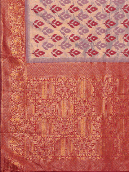 Janasya Grey & Maroon Silk Blend Ethnic Motifs Kanjivaram Saree