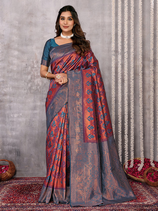 Janasya Purple & Copper Silk Blend Ethnic Motifs Kanjivaram Saree