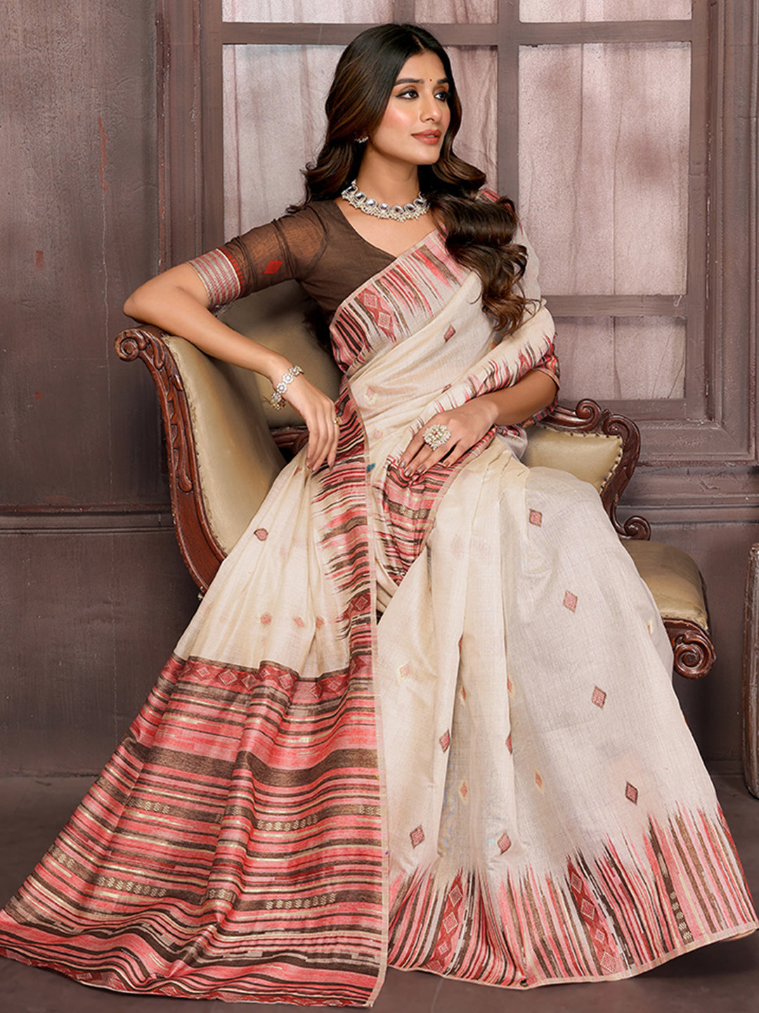 Janasya Beige Chanderi Geometric Woven Saree
