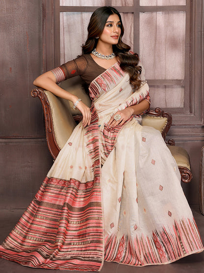 Janasya Beige Chanderi Geometric Woven Saree