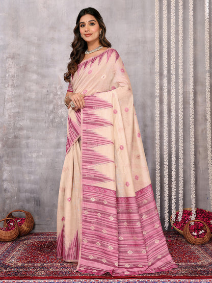 Janasya Beige & Mauve Cotton Linen Geometric Woven Saree