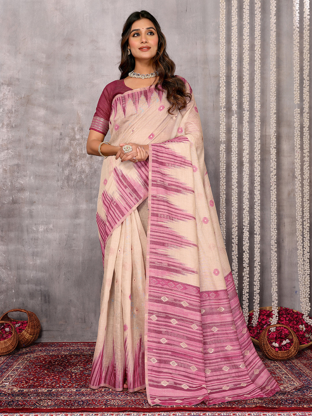Janasya Beige & Mauve Cotton Linen Geometric Woven Saree