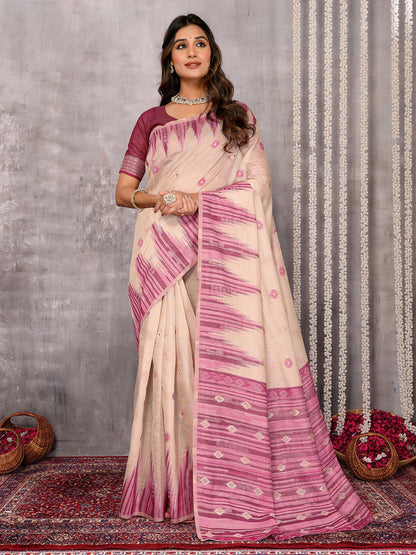 Janasya Beige & Mauve Cotton Linen Geometric Woven Saree