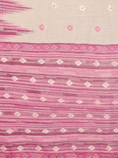 Janasya Beige & Mauve Cotton Linen Geometric Woven Saree
