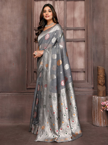 Janasya Grey Cotton Linen Ethnic Motifs Woven Saree
