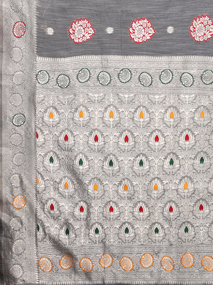 Janasya Grey Cotton Linen Ethnic Motifs Woven Saree