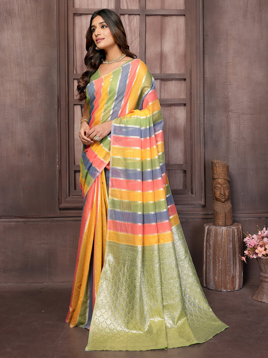 Janasya Multicolor Cotton Striped Woven Saree