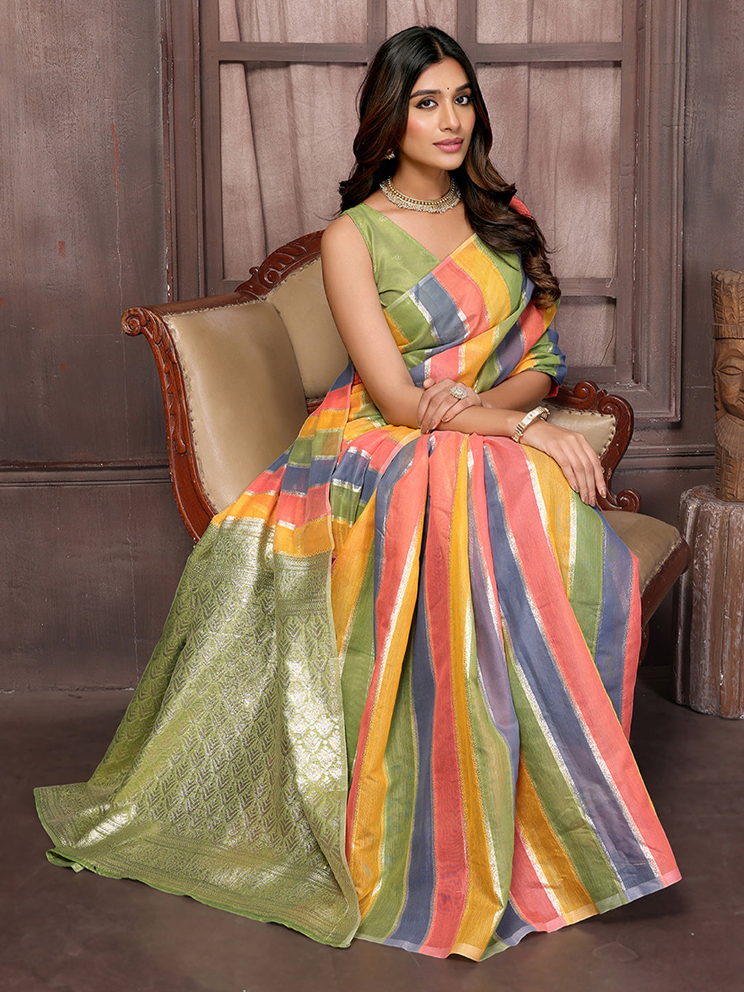 Janasya Multicolor Cotton Striped Woven Saree