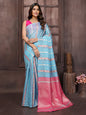 Janasya Light Blue Cotton Ethnic Print Jacquard Saree