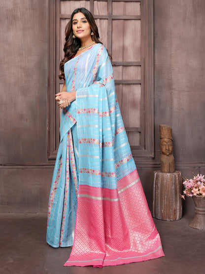 Janasya Light Blue Cotton Ethnic Print Jacquard Saree
