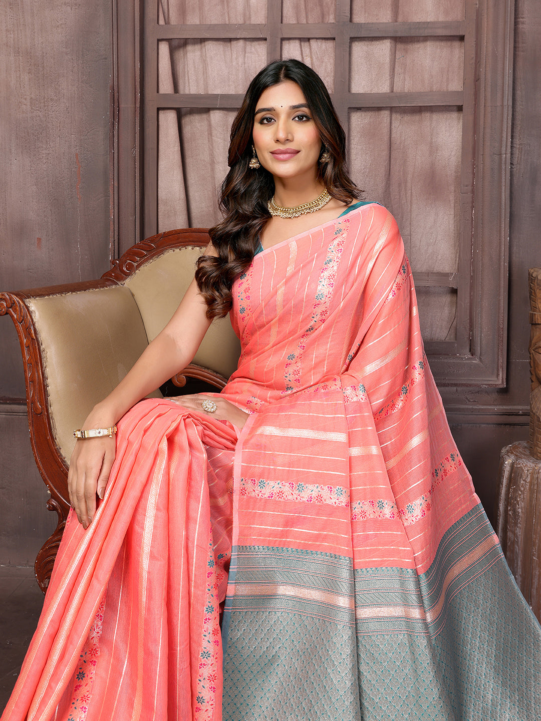 Janasya Peach Cotton Ethnic Print Jacquard Saree
